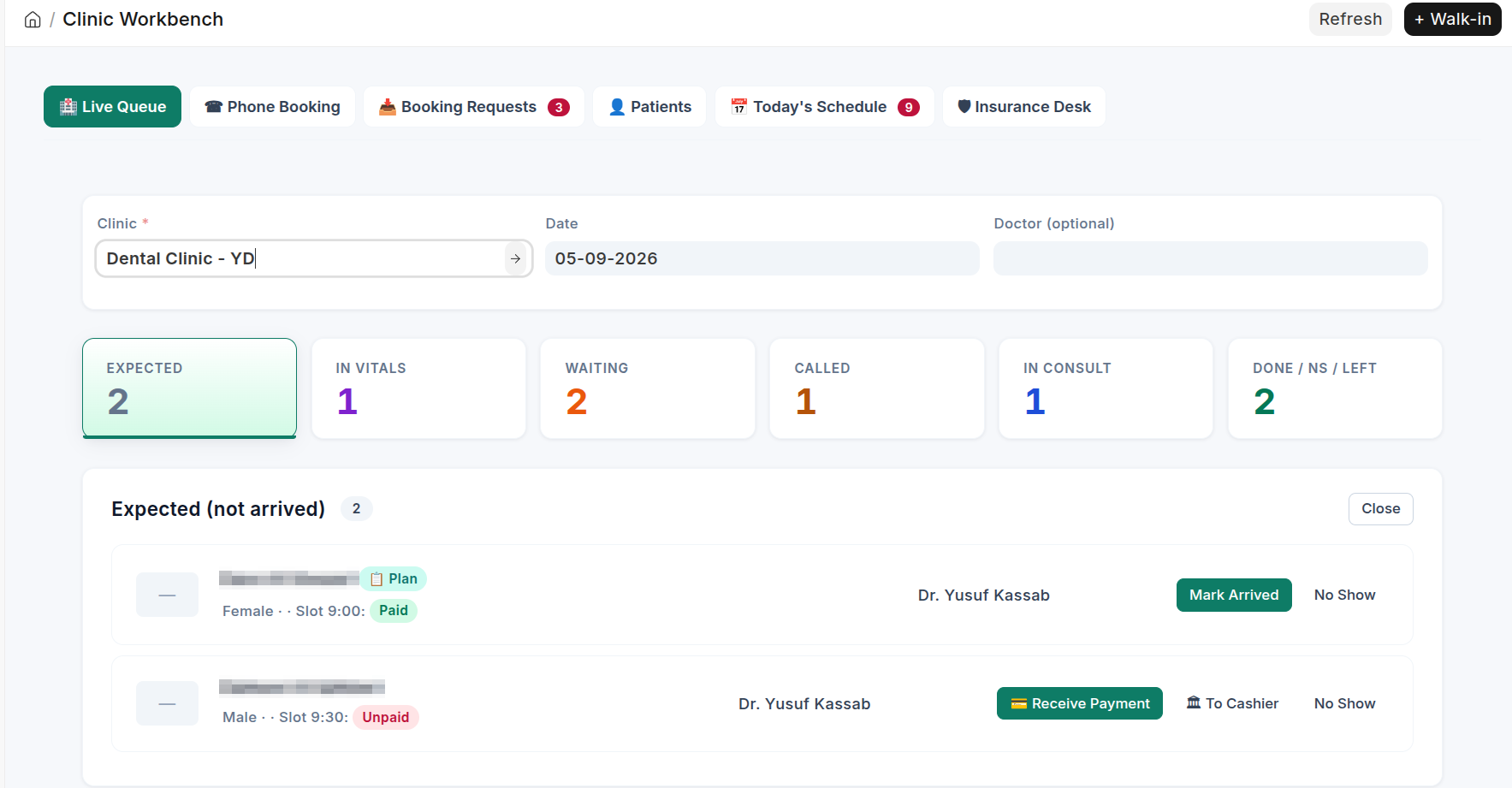 Clinic workbench: a live queue for one clinic and date, counting patients at expected, in vitals, waiting, called, in consult and done, with arrival and payment actions on each patient.