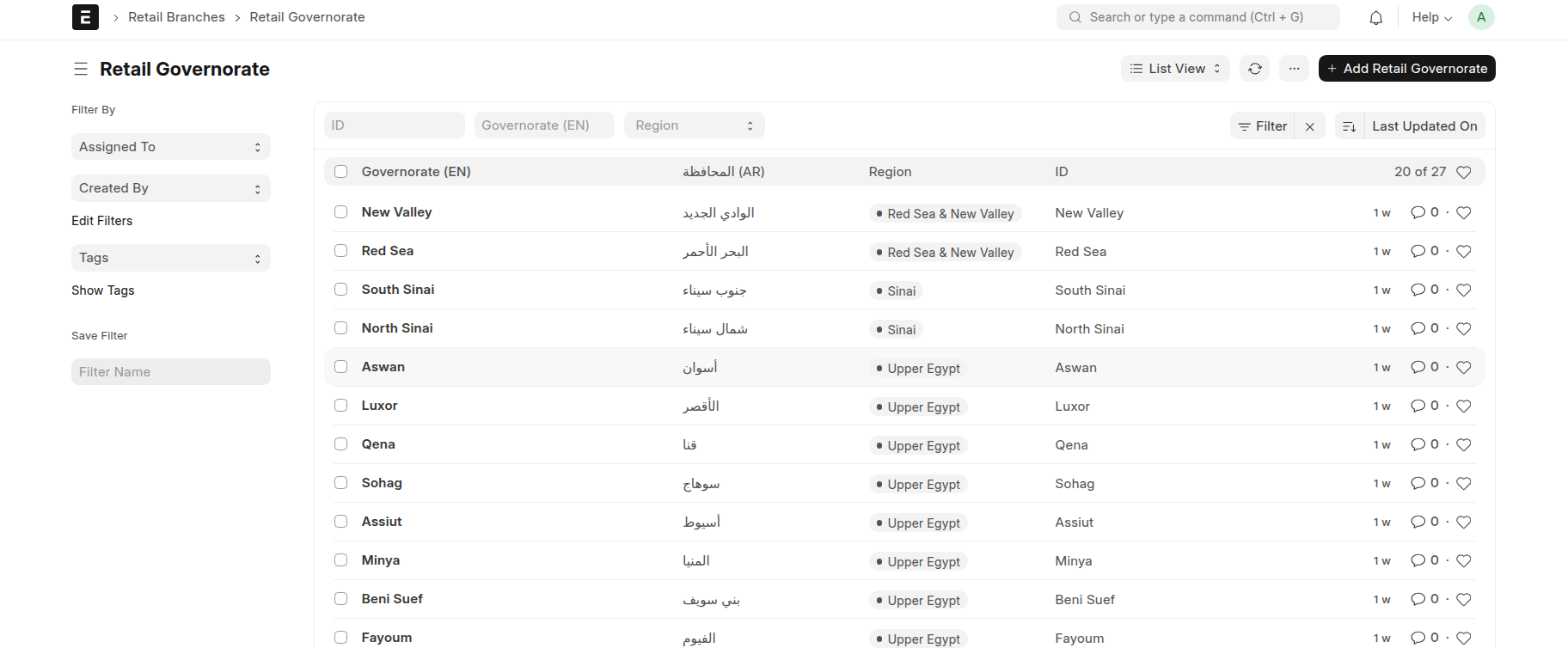Governorate master data in English and Arabic, each mapped to its region.